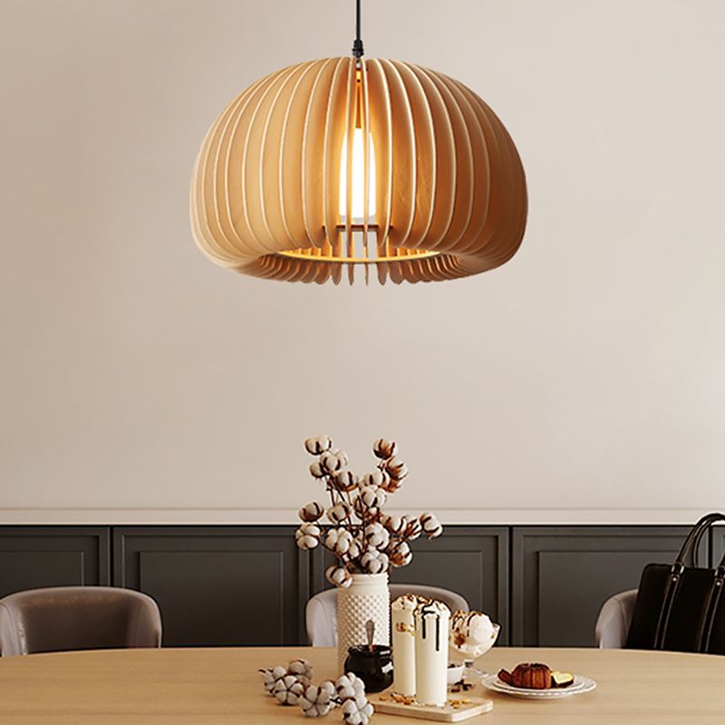 Lampada a ciondolo a cupola in legno Moderna 1 testa da 16,5 "Luce di sospensione beige larga per il ristorante