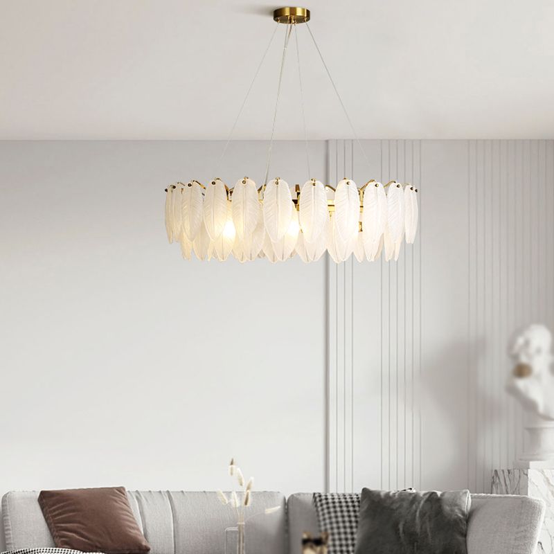 Gold Modern Metal Ceiling Lamp Feather Shape Island Light with Glass Shade for Living Room