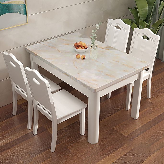 Minimalist Marble Dining Set with Rectangle Table White Dining Set with 4 Legs Base