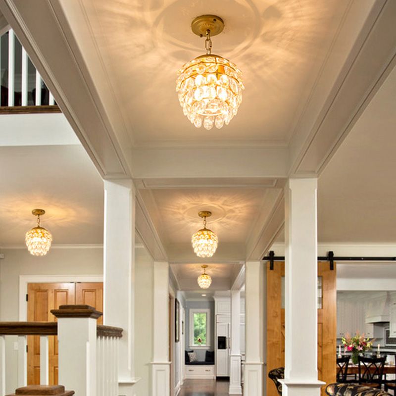 Modern 3-Light Pendant Lighting Gold Pinecone Small Chandelier with Crystal Shade