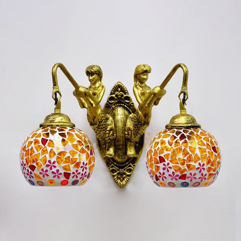 2 Lights Wall Mount Lighting Mediterranean Spherical Stained Glass Sconce Light in Red/Yellow/Orange with Mermaid Arm