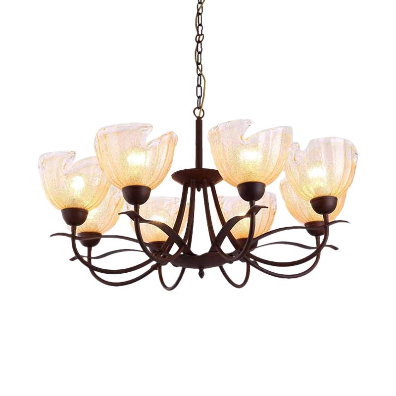 Yellow Water Glass Black Chandelier Light Bowl 8 Lights Countryside Hanging Pendant with Swirl Arm
