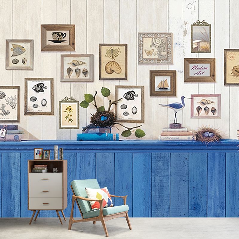 Whole Cottage Mural Wallpaper in Blue Bed Back Table and Photo Pattern Wall Covering, Custom Print