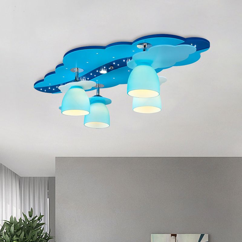 Nuvola di legno semifulto cartone animato 4 lampadina lampadina con tonalità in vetro blu cupola