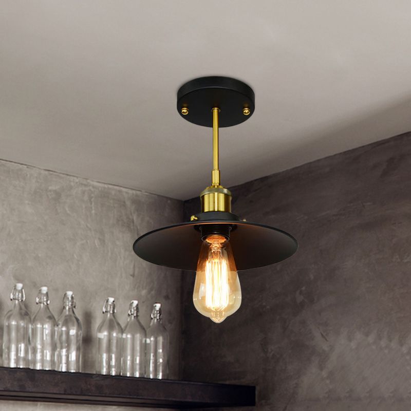 1 Bulb Flared Semi Flush Mount Lamp Vintage Black Finish Metallic Flush Ceiling Light