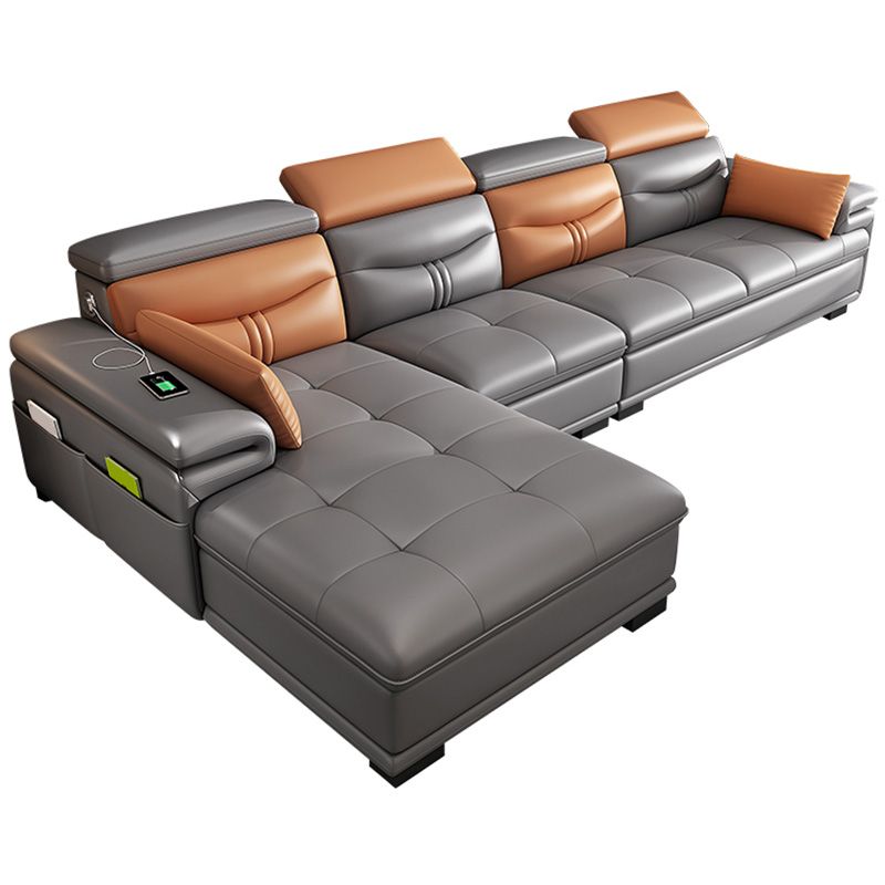 Gray Genuine Leather Sectional Sofa with Storage Bag Adjustable Sofa