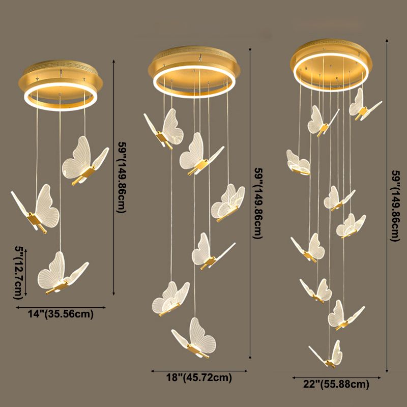 Acrylgold -LED -Hängelampe im modernen künstlerischen Stil Eisen Schmetterling Anhänger Licht für Treppen