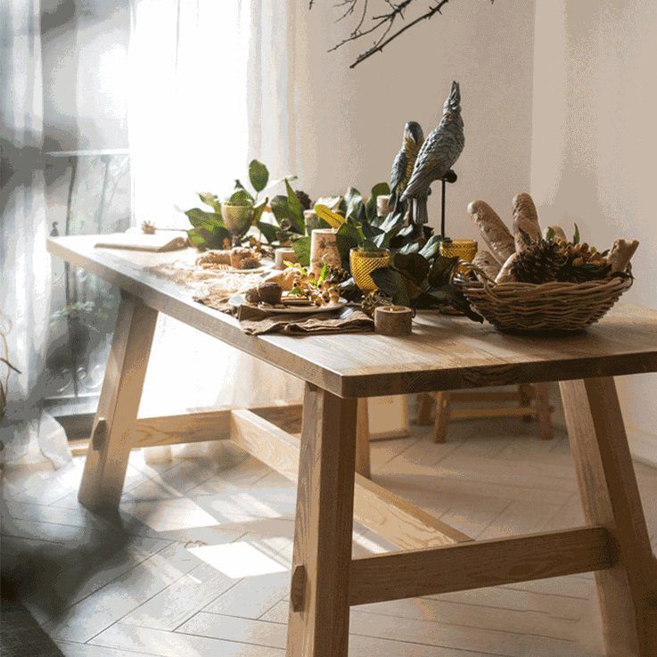 Natural Pine Solid Wood Table Modern Rectangle Trestle Base Table