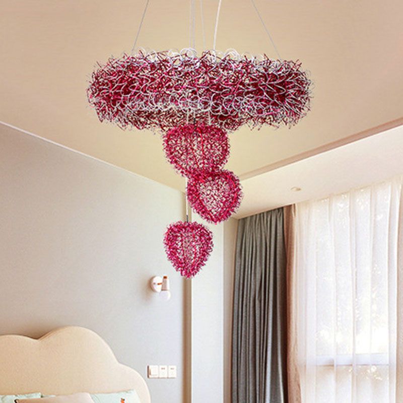 Loving Heart Pendant Chandelier Nordic Style Metal Wire 7 Heads Rose Red Pendulum Lighting