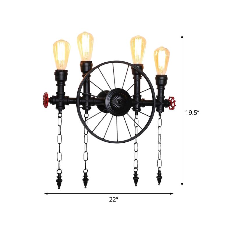 Wheel Metal Wall Lighting Fixture Farmhouse 4-Light Corridor Wall Mount Sconce in Black with Chain