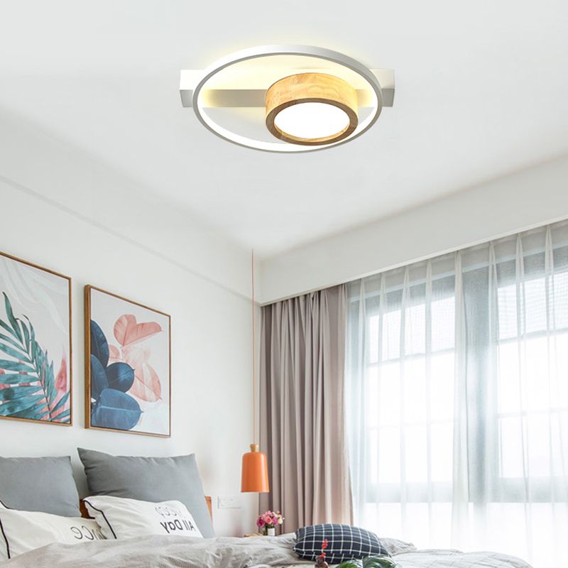 Wood Round Flush Mount Fixture Minimalist Gray/White LED Ceiling Light for Living Room