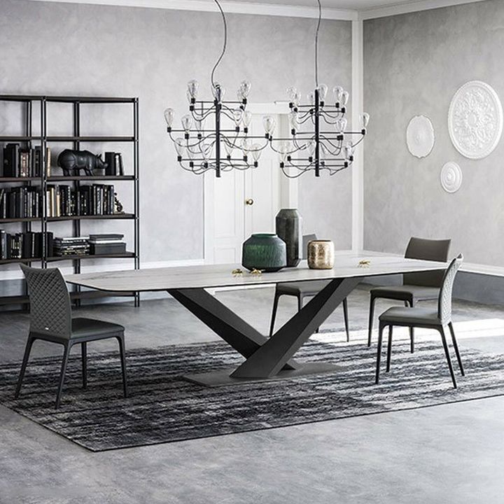 Mesa superior de piedra sinterizada industrial Mesa de comedor Mesa rectangular con pedestal de metal