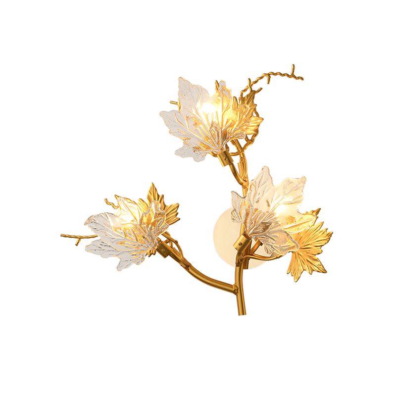 Colonialist Maple Leaf Wall Lamp 3-Light Clear Textured Glass Sconce Wall Lighting in Gold for Bedroom