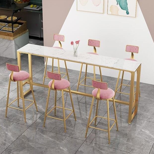 Glam 1/4/7 Pieces Bar Table Set Rectangle Stone Counter Table with High Stools for Cafe