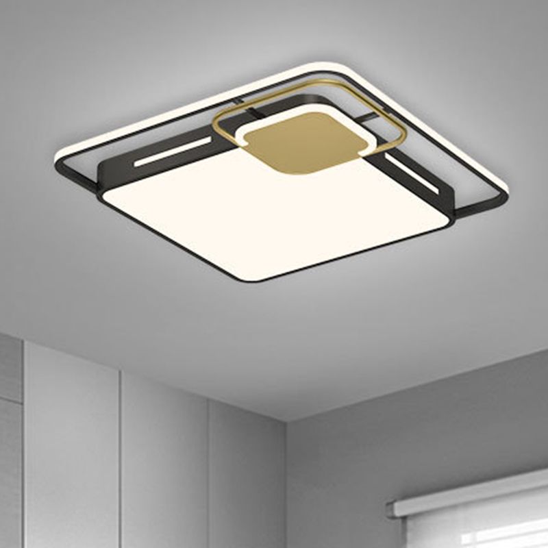 Plafoniera quadrata modernista a soffitto metallico per camera da letto a LED in nero-oro, luce bianca/calda
