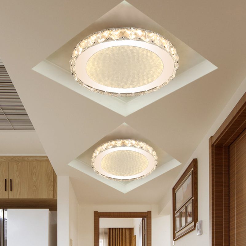 Faceted Crystal Round Ceiling Mounted Lamp Minimalist LED Nickel Flushmount Lighting