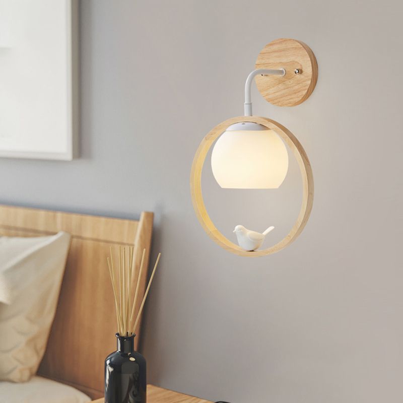 White Globe Shaded Wall Light Contemporary Wood Lighting for Foyer
