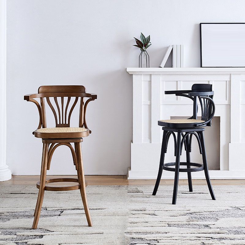 Modern Rattan Armed Stool Low Back Wood Stool with Swivel for Restaurant