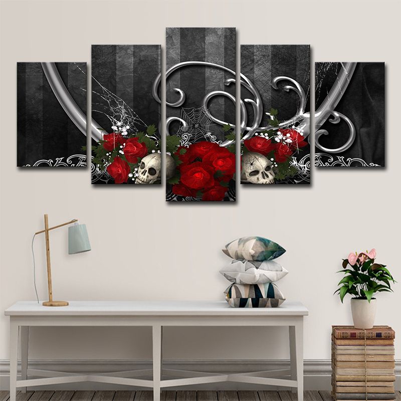 Cool Rose and Skull Canvas Print Boys Bedroom Fantasy Wall Art in Grey-Red