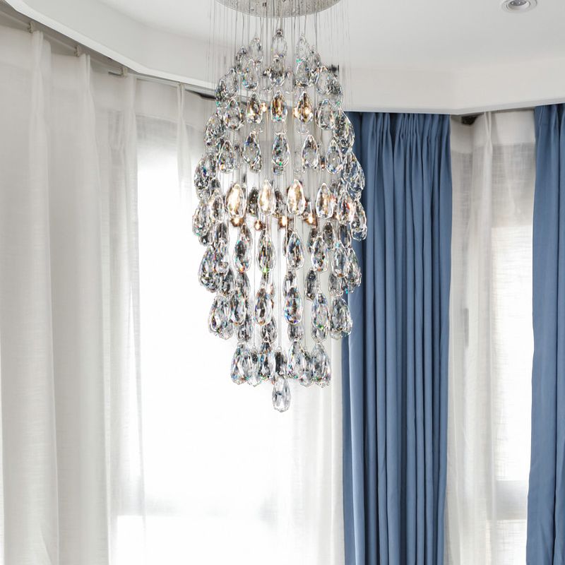 Crystal Drip Oval Flush Mount Chandelier Modern Stylish 6-Bulb Restaurant Ceiling Light in Satin Nickel