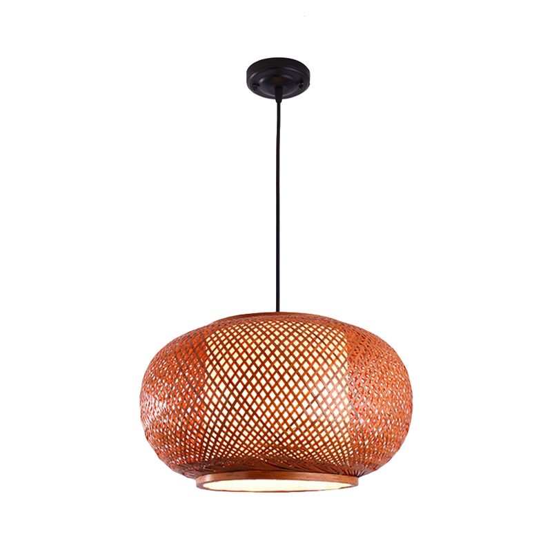 Curved Drum Suspension Pendant Asian Bamboo 1 Bulb Brown Hanging Light Kit, 16"/19.5"/23.5" Wide