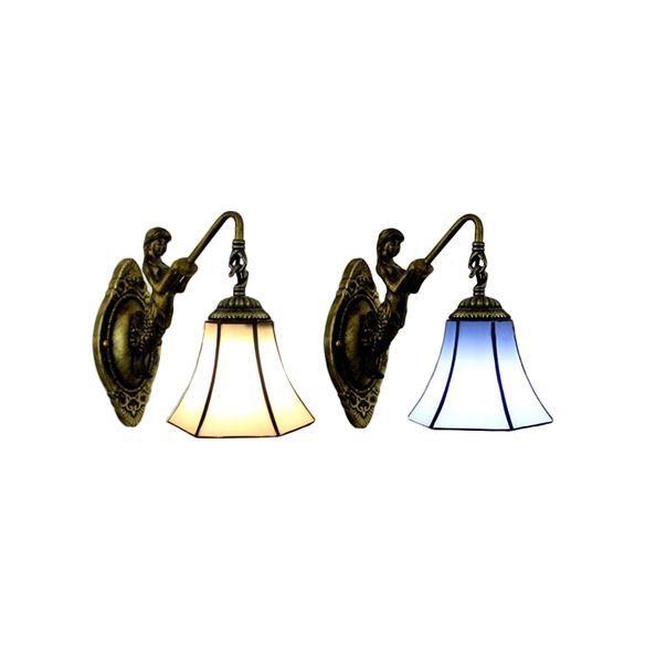 Flared Wall Light Fixture Tiffany Blue/Beige Glass 1 Head Antique Bronze Sconce Lighting