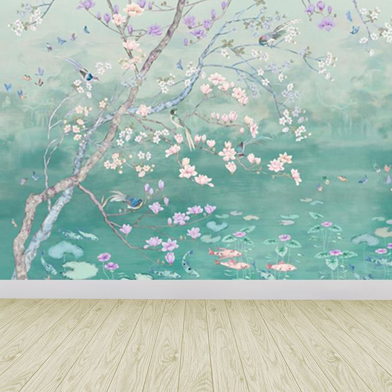 Spring Blossom Lotus Pond Mural Contemporary Waterproof Bedroom Wall Covering, Custom Made