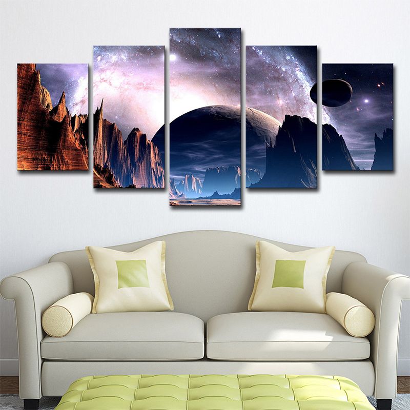 Planet and Mountain Landscape Canvas Purple Sci-Fi Wall Art for House Interior