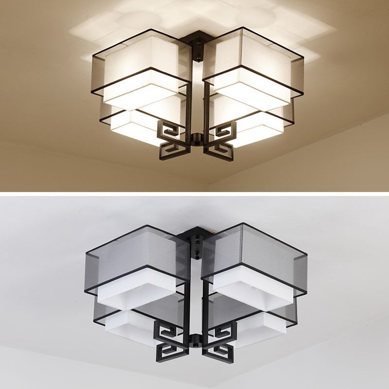 Plafoniera quadrata da incasso a 4 luci in stile classico tradizionale in ferro battuto con paralume in lino