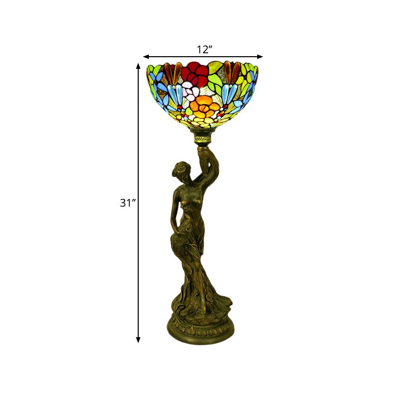 Bowl Table Lighting 1 Head Stained Glass Baroque Petal/Dragonfly Patterned Night Lamp in Brass with Resin Naked Woman Base