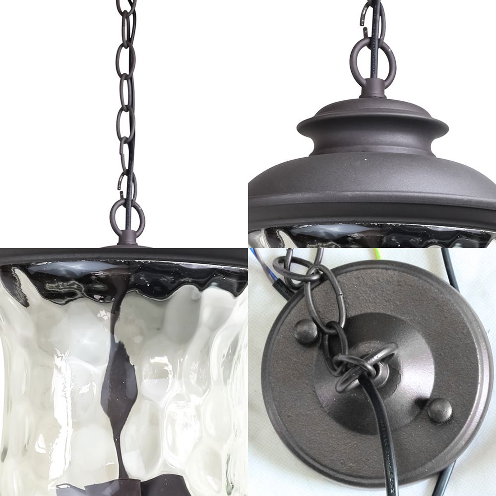 Lumière pendentielle à 3 légers avec une nuance en verre aléatoire Métal de style antique, lampe suspendue extérieure en gris foncé