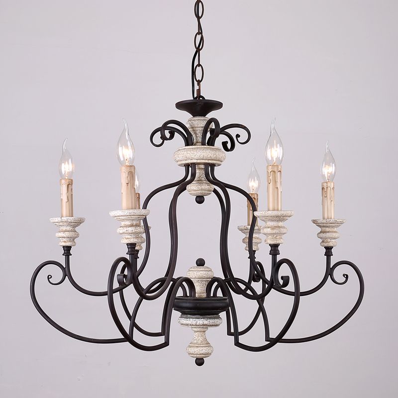 Rust 6 Heads Ceiling Chandelier Country Metal Scrolled Arm Suspension Lamp with Candle Design