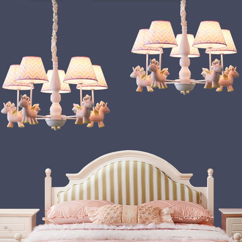 Tapered Shade Chandelier Kid Fabric 5 Bulbs Pink Pendant Light Fixture with Unicorn Figurine