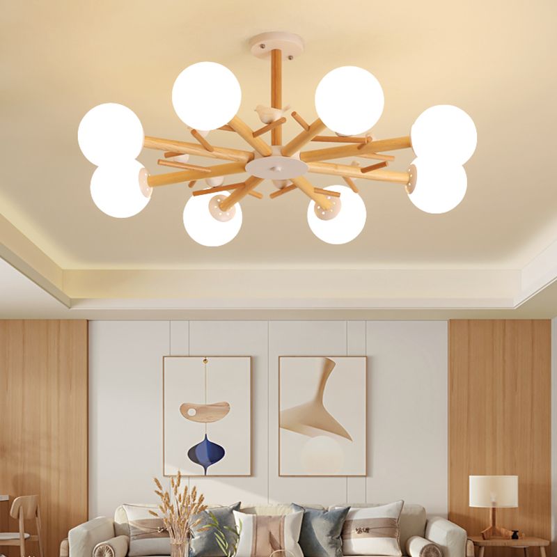 Wood Pendant Light Nordic Style Chandelier Lamp Fixture with Ball Glass Shade