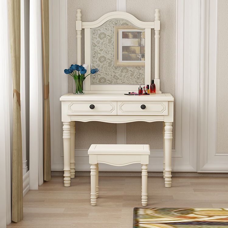 Traditional Mirrored Vanity Set Wood Dresser with 2 Drawers and Stool