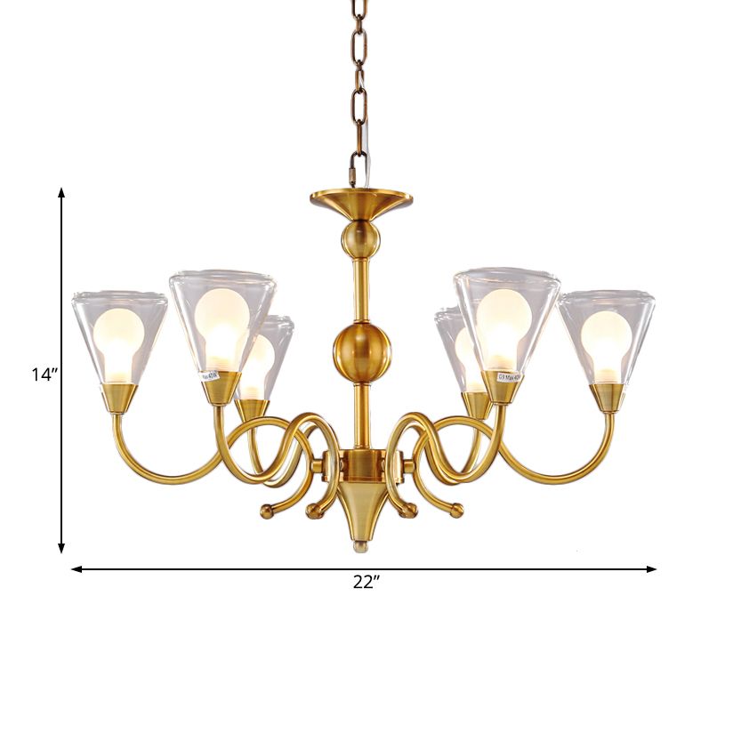Cone Chandelier Lighting Post-Modernist Clear Glass Multi Lights Led Brass Ceiling Pendant Lamp with Curved Arm