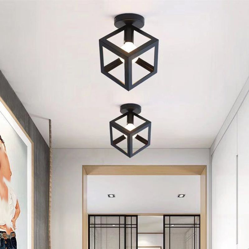 Geometric Shape Metal Flush Mount Light Industrial 1 Light Flush Ceiling Light in Black