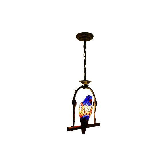 Blue 1 Light Suspended Light Tiffany Style Stained Glass Parrot Ceiling Pendant with Perch Swing