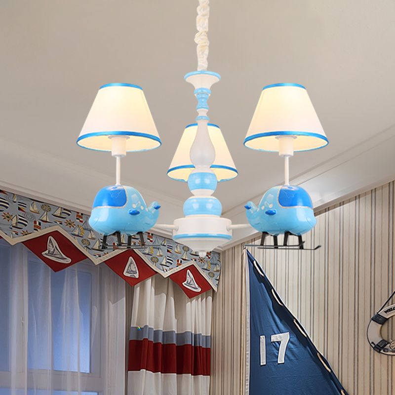 Cartoon Aircraft Chandelier Light Fixture Resin 3/5 Lights Child Room Ceiling Lamp with Cone White Fabric Shade in Blue