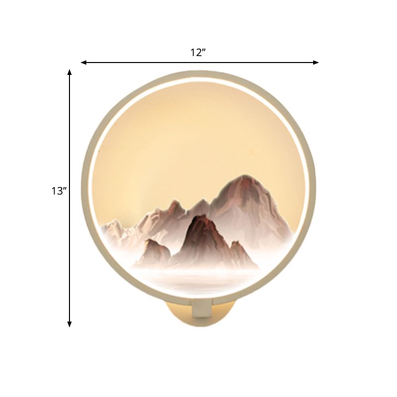 Oriental Style LED Wall Mural Lamp Metal White Circular Shaped Wall Lighting Idea with Mountain Pattern