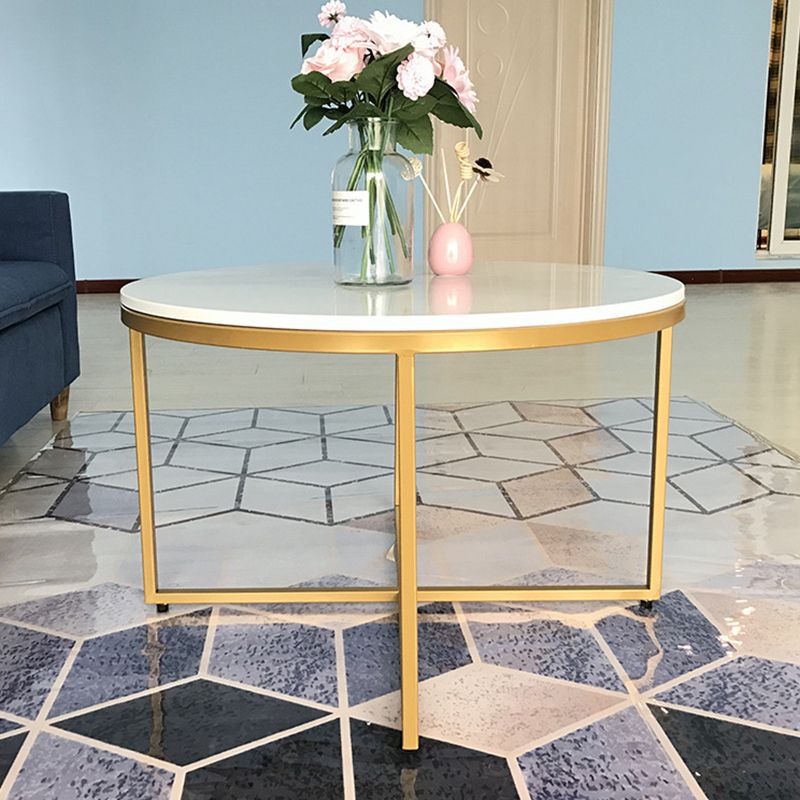 Modern Round Slate Coffee Table Cross Legs Cocktail Table in Gold