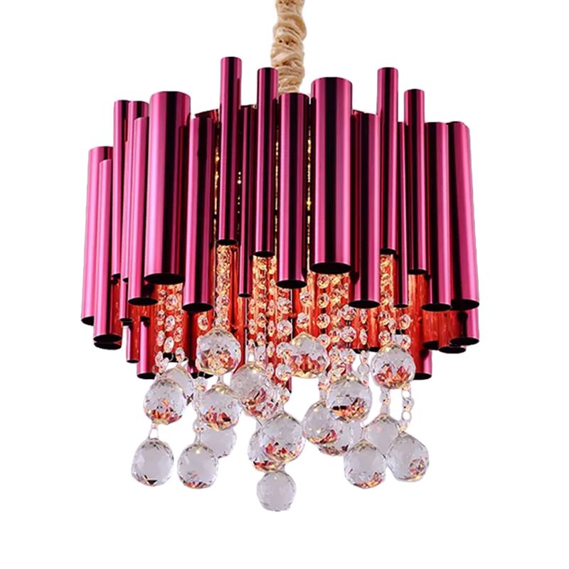 Slim Tube Metal Chandelier Light Fixture Modernist 6 Lights Gold/Rose Red Finish Pendulum Lamp with Crystal Ball Deco