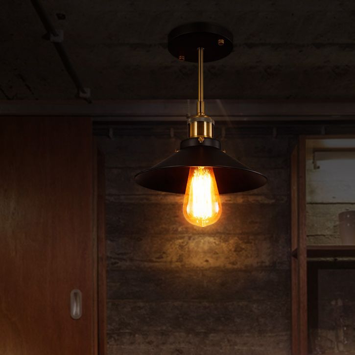 Semi Flush Anhänger leichter Vintage Style Hall Halbflush Mount Light mit Kegelmetallschatten in Schwarz