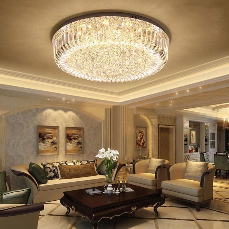 Clear Faceted Crystal Drum Ceiling Light Fixture Modern LED Flush Mount Light in Warm/White/3 Color Light