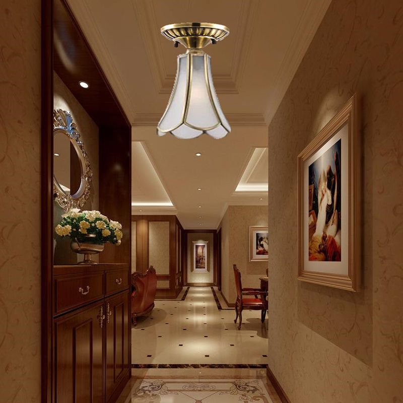 Curved/Cylinder/Flower Frosted Glass Flush Lamp Colonial 1-Light Corridor Flush Mount Light in Brass