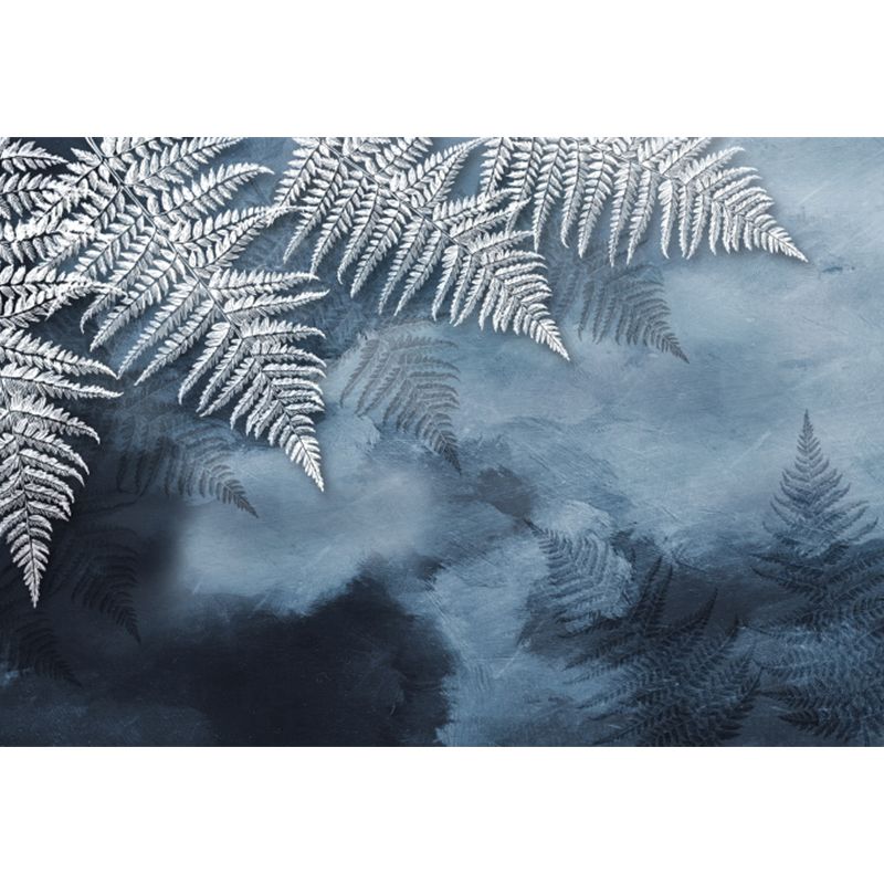 Huge Leaves Pattern Mural for Bedroom Botanical Wall Art in Gray Blue, Stain Resistant