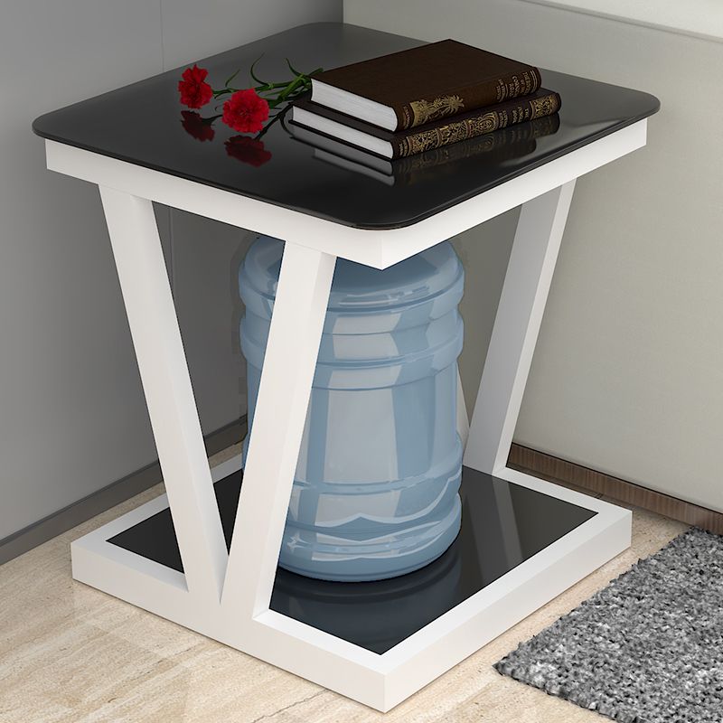 Modern 23.22" Tall Square Glass Top Side Table Steel Trestle Base End Table with Shelf