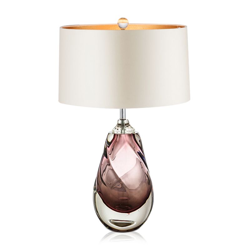 Pear Living Room Table Light Handblown Glass 1 Head Post-Modern Nightstand Lamp with Drum Fabric Shade in White