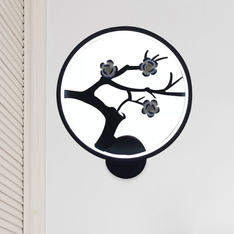 Flower Branch Silhouette Sconce Light Chinese Iron Black Ring LED Wall Mount Mural Lamp