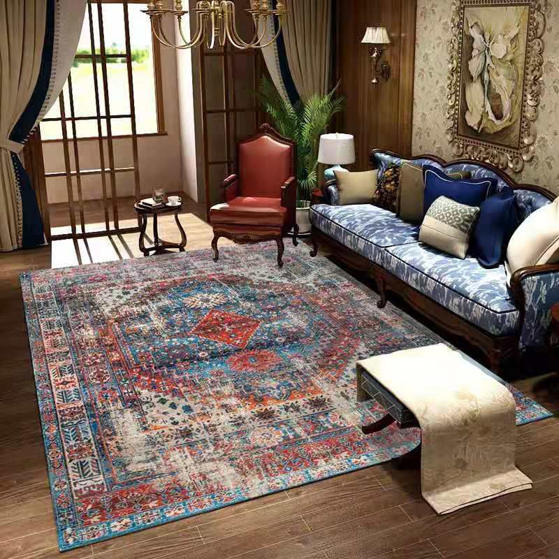 Red Retro Indoor Carpet Polyester Medallion Rug Non-Split Backing Carpet for Living Room